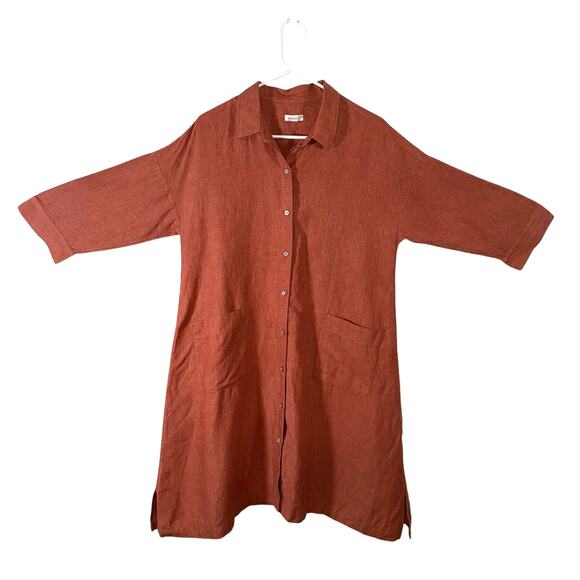 J. Jill Pure Jill Button Down Linen Shirt Dress Burn Orange Sz Medium Petite